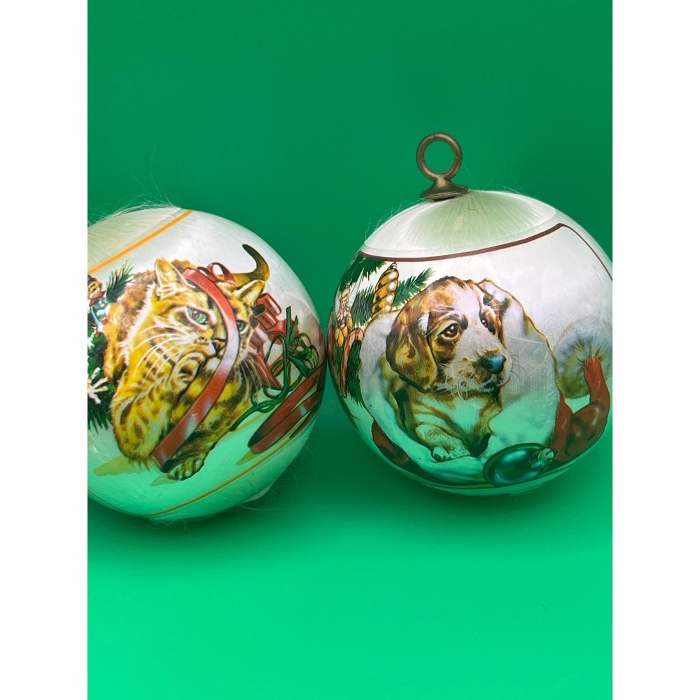 2 Vintage 1983 Hallmark Keepsake Satin Ball Ornaments Grandson Cat Dog 1980s